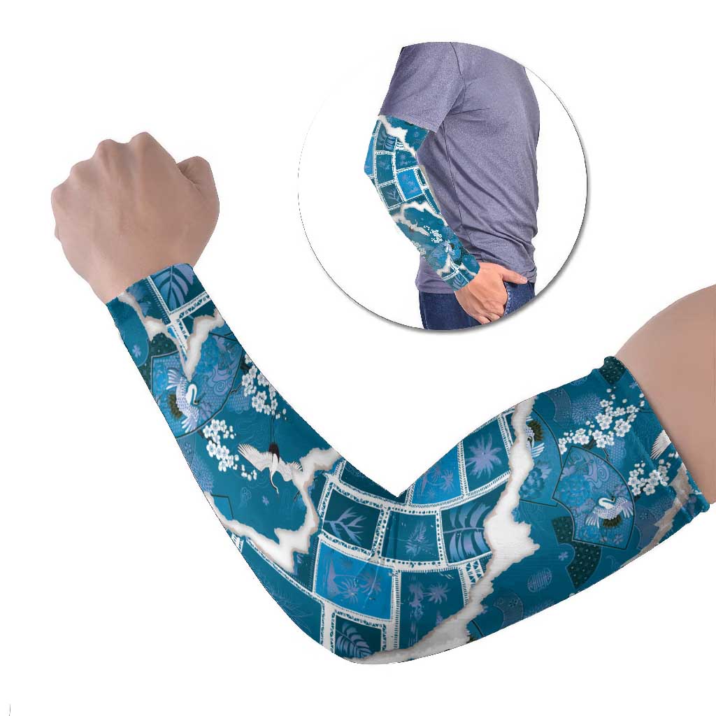 Hawaii Japanese Culture Blue Arm Sleeves Spring Cranes Aloha Pattern LT01 Set of 2 Blue - Polynesian Pride