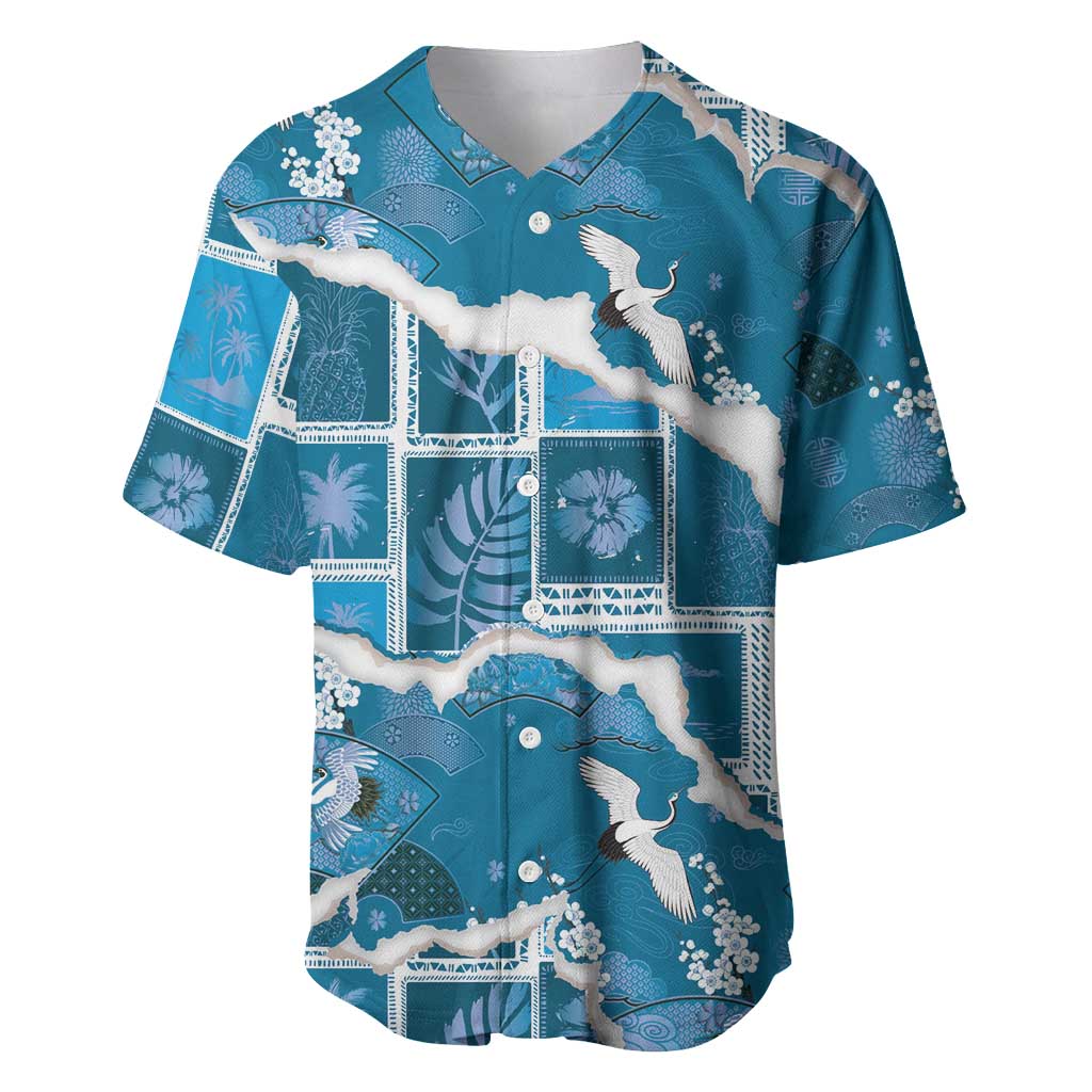 Hawaii Japanese Culture Blue Baseball Jersey Spring Cranes Aloha Pattern