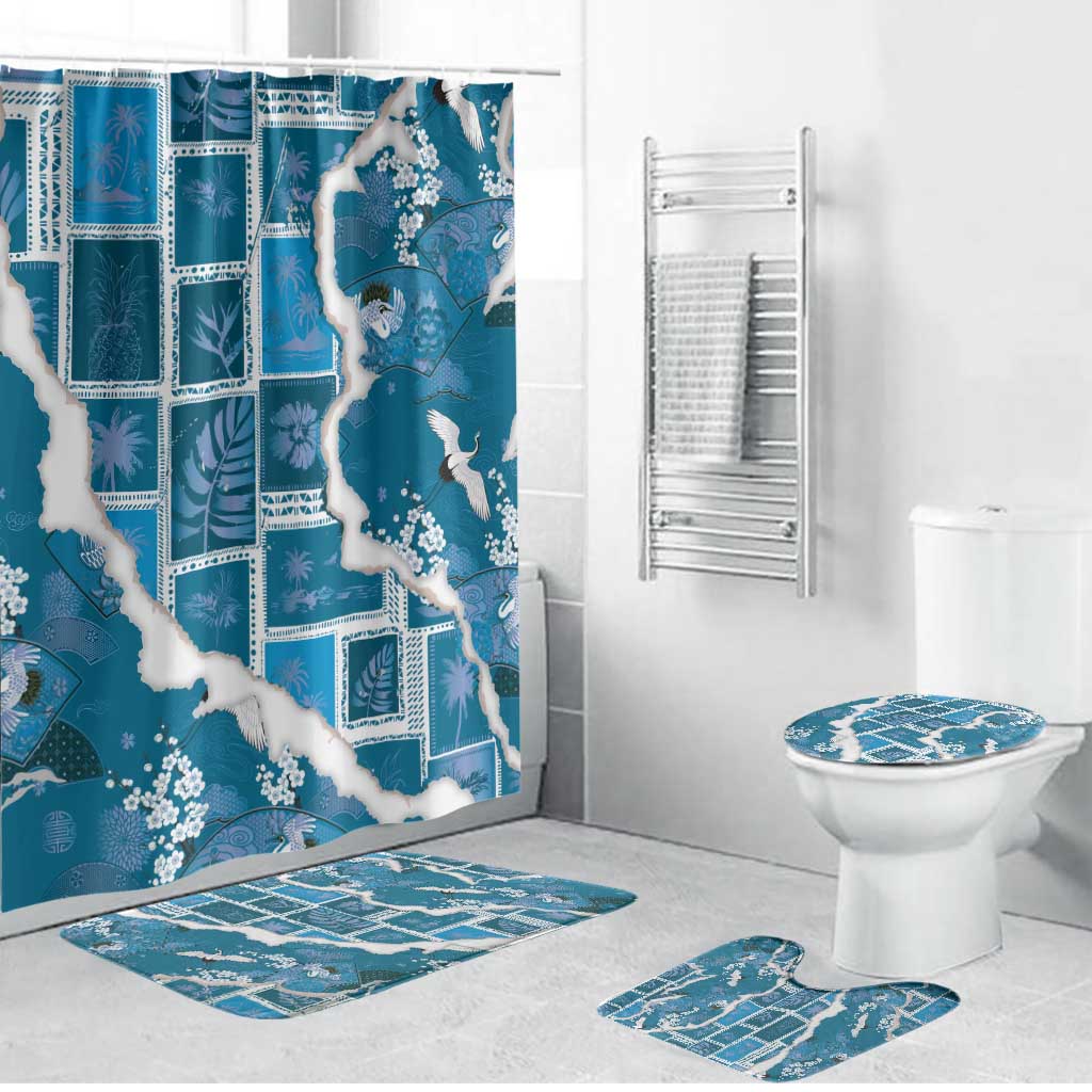 Hawaii Japanese Culture Blue Bathroom Set Spring Cranes Aloha Pattern