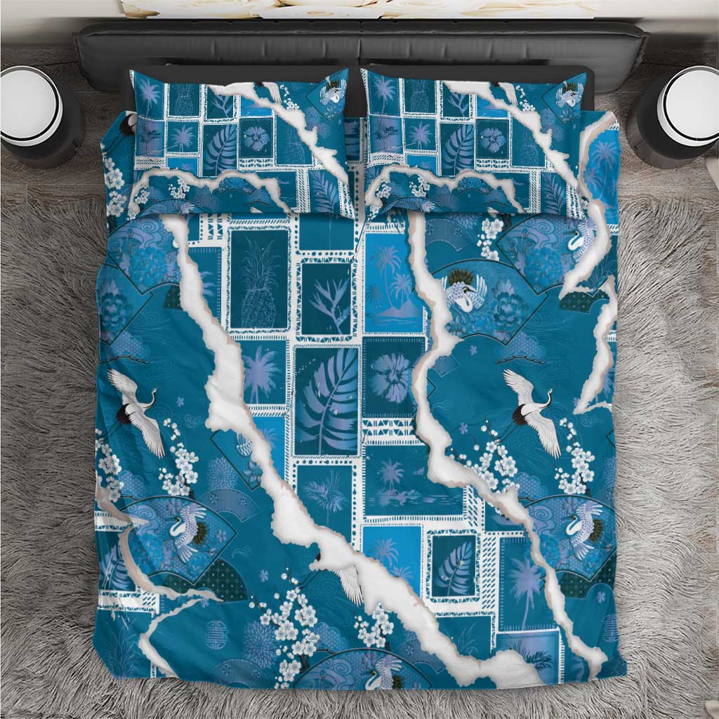Hawaii Japanese Culture Blue Bedding Set Spring Cranes Aloha Pattern LT01 Blue - Polynesian Pride