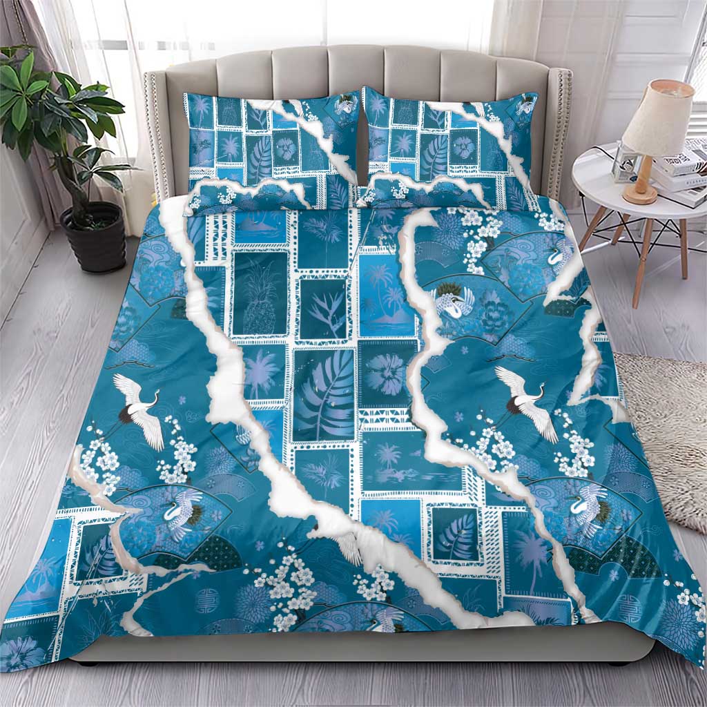 Hawaii Japanese Culture Blue Bedding Set Spring Cranes Aloha Pattern LT01 - Polynesian Pride