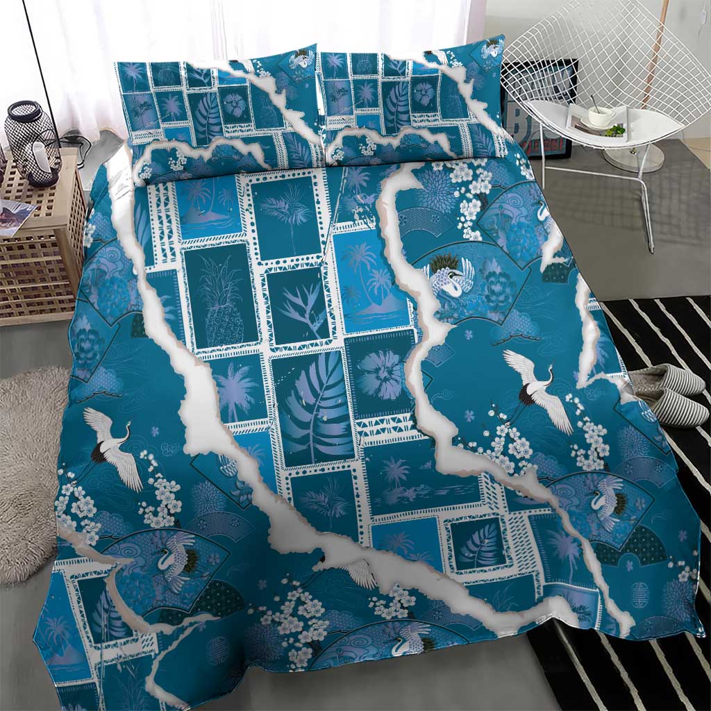 Hawaii Japanese Culture Blue Bedding Set Spring Cranes Aloha Pattern LT01 - Polynesian Pride