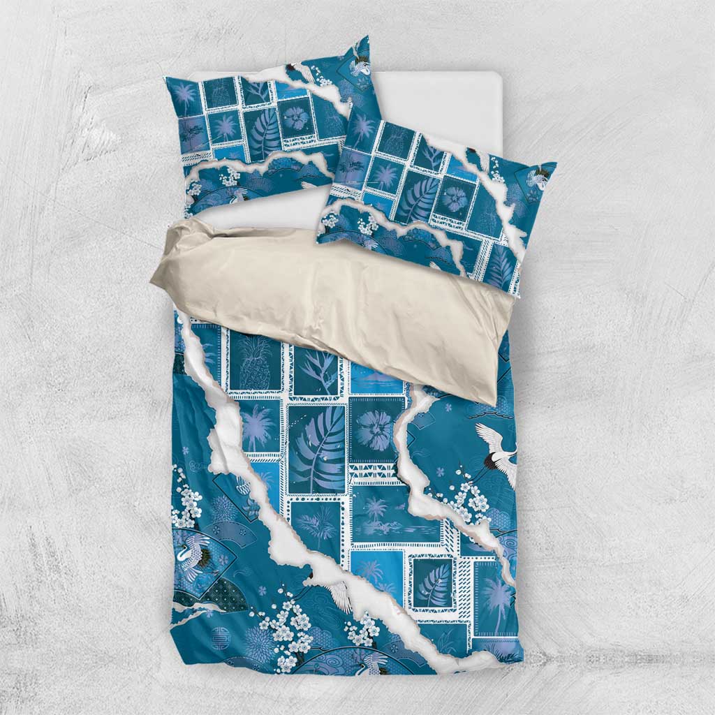 Hawaii Japanese Culture Blue Bedding Set Spring Cranes Aloha Pattern LT01 US Twin 172cm x 218cm Blue - Polynesian Pride