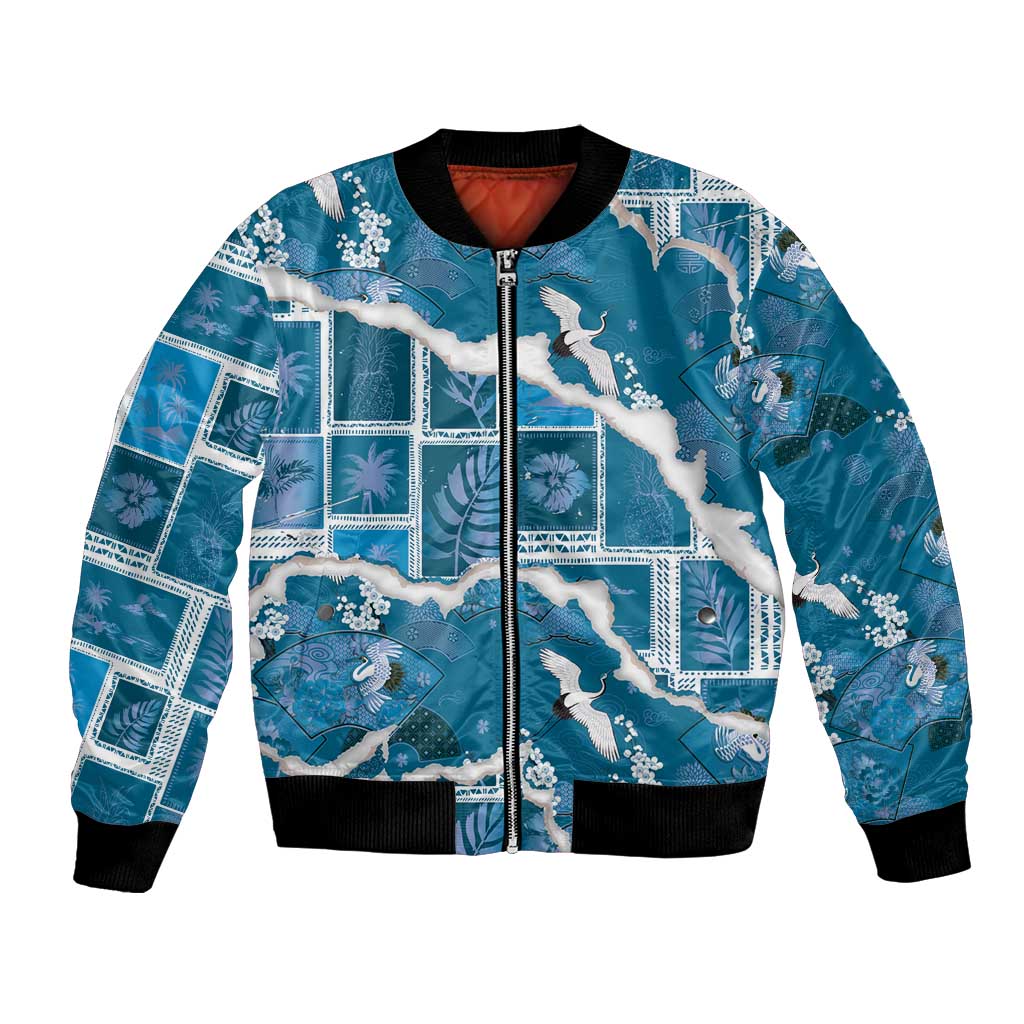Hawaii Japanese Culture Blue Bomber Jacket Spring Cranes Aloha Pattern LT01 Unisex Blue - Polynesian Pride