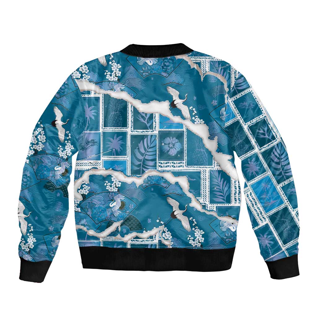 Hawaii Japanese Culture Blue Bomber Jacket Spring Cranes Aloha Pattern LT01 - Polynesian Pride