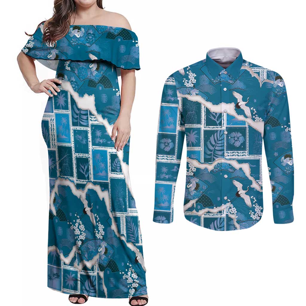 Hawaii Japanese Culture Blue Couples Matching Off Shoulder Maxi Dress and Long Sleeve Button Shirt Spring Cranes Aloha Pattern LT01 Blue - Polynesian Pride