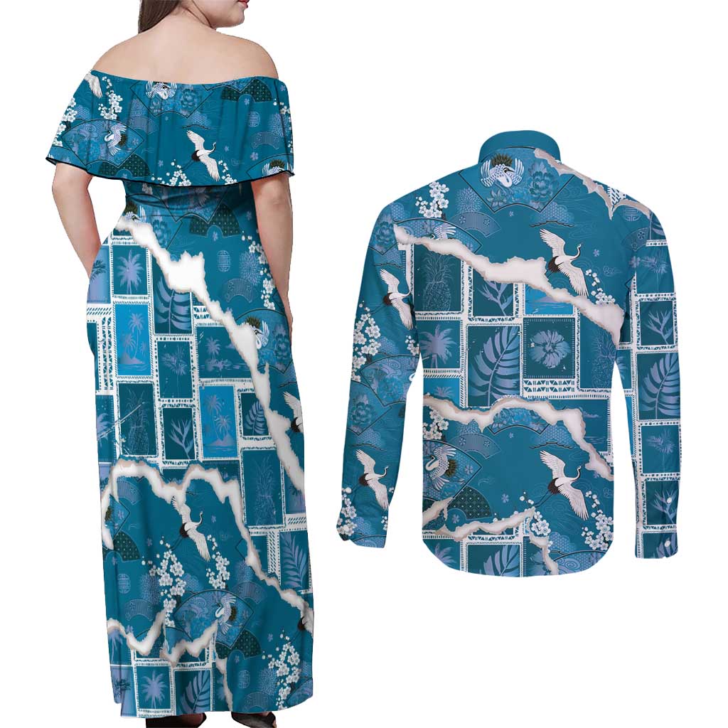 Hawaii Japanese Culture Blue Couples Matching Off Shoulder Maxi Dress and Long Sleeve Button Shirt Spring Cranes Aloha Pattern LT01 - Polynesian Pride