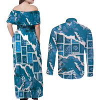 Hawaii Japanese Culture Blue Couples Matching Off Shoulder Maxi Dress and Long Sleeve Button Shirt Spring Cranes Aloha Pattern LT01 - Polynesian Pride