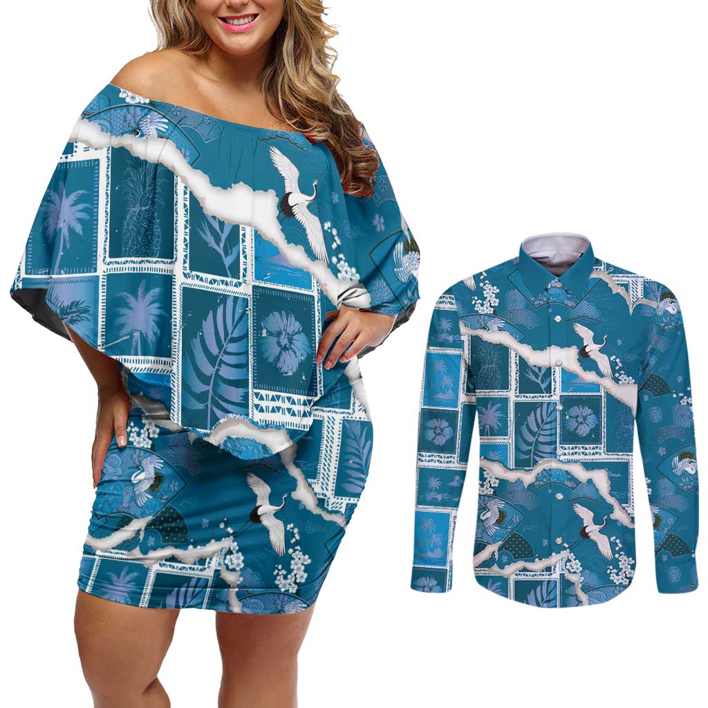 Hawaii Japanese Culture Blue Couples Matching Off Shoulder Short Dress and Long Sleeve Button Shirt Spring Cranes Aloha Pattern LT01 Blue - Polynesian Pride