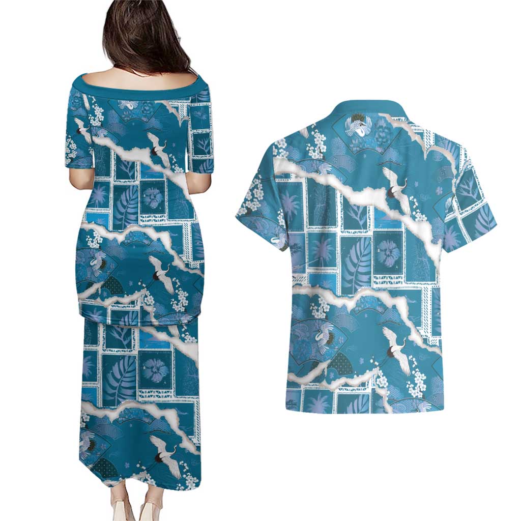 Hawaii Japanese Culture Blue Couples Matching Puletasi and Hawaiian Shirt Spring Cranes Aloha Pattern LT01 - Polynesian Pride