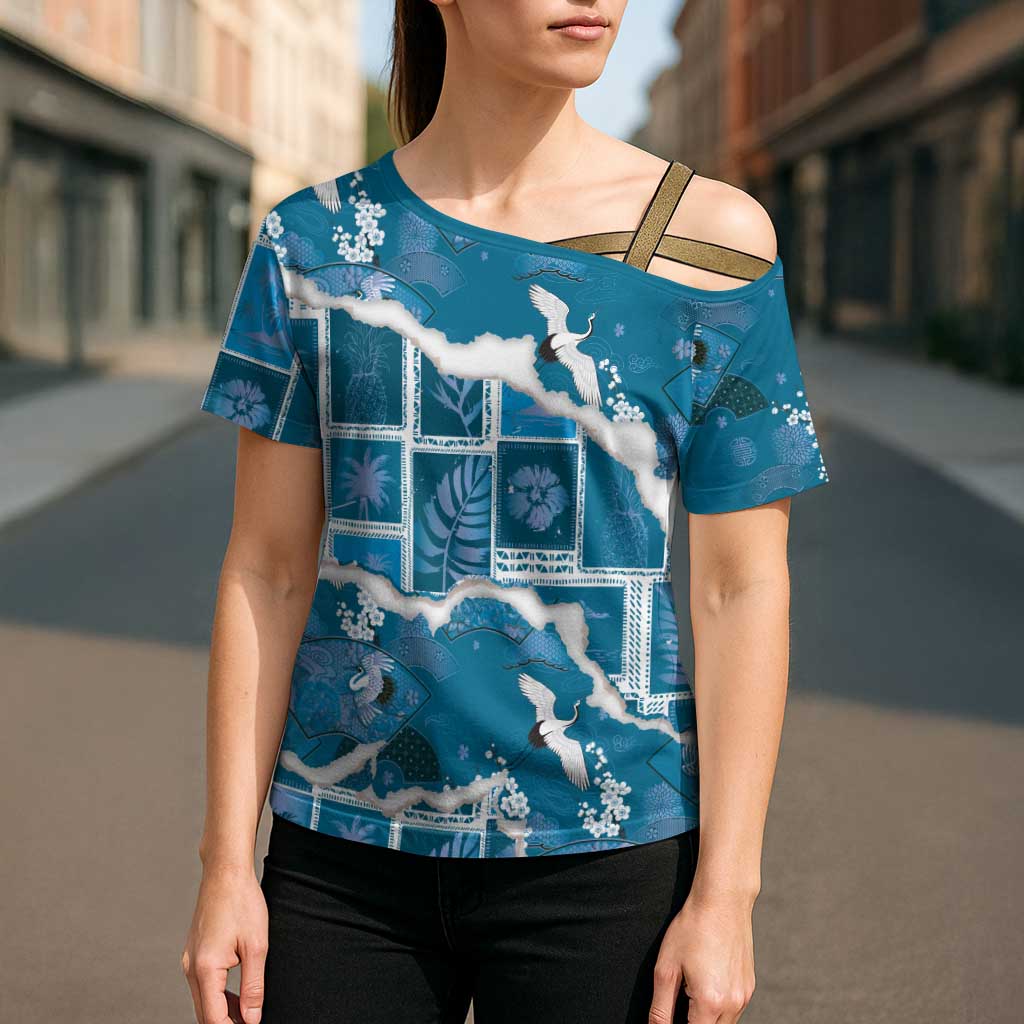 Hawaii Japanese Culture Blue Cross Shoulder Shirt Spring Cranes Aloha Pattern LT01 - Polynesian Pride
