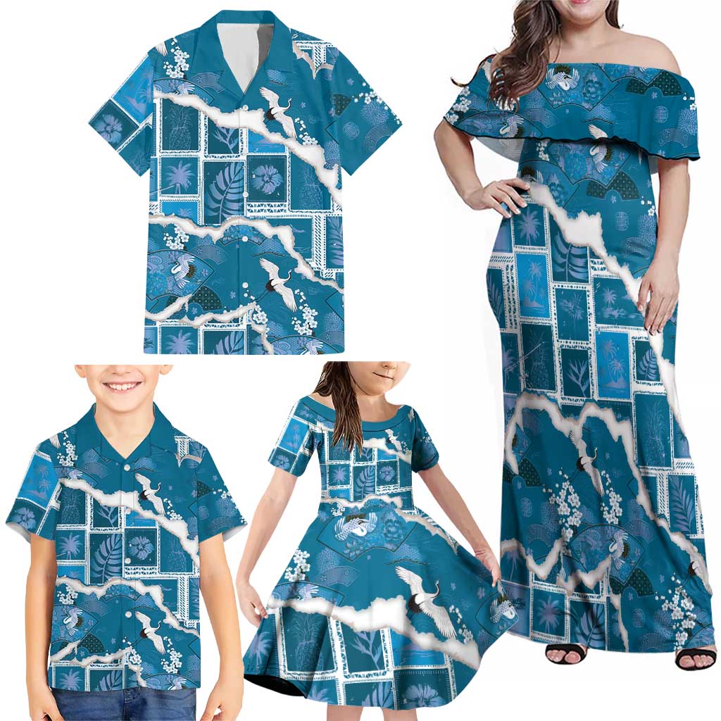 Hawaii Japanese Culture Blue Family Matching Off Shoulder Maxi Dress and Hawaiian Shirt Spring Cranes Aloha Pattern LT01 - Polynesian Pride