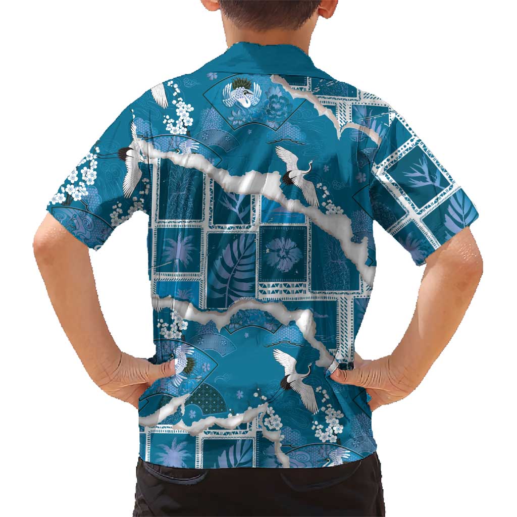 Hawaii Japanese Culture Blue Family Matching Off Shoulder Short Dress and Hawaiian Shirt Spring Cranes Aloha Pattern