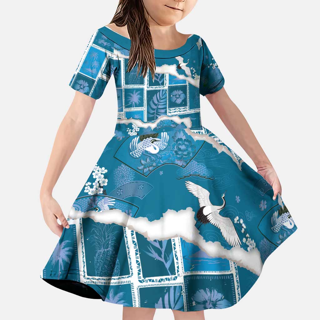Hawaii Japanese Culture Blue Family Matching Off Shoulder Short Dress and Hawaiian Shirt Spring Cranes Aloha Pattern