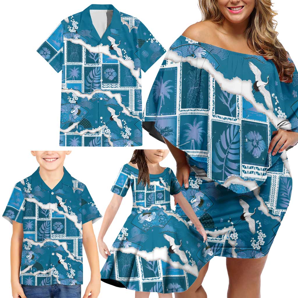Hawaii Japanese Culture Blue Family Matching Off Shoulder Short Dress and Hawaiian Shirt Spring Cranes Aloha Pattern