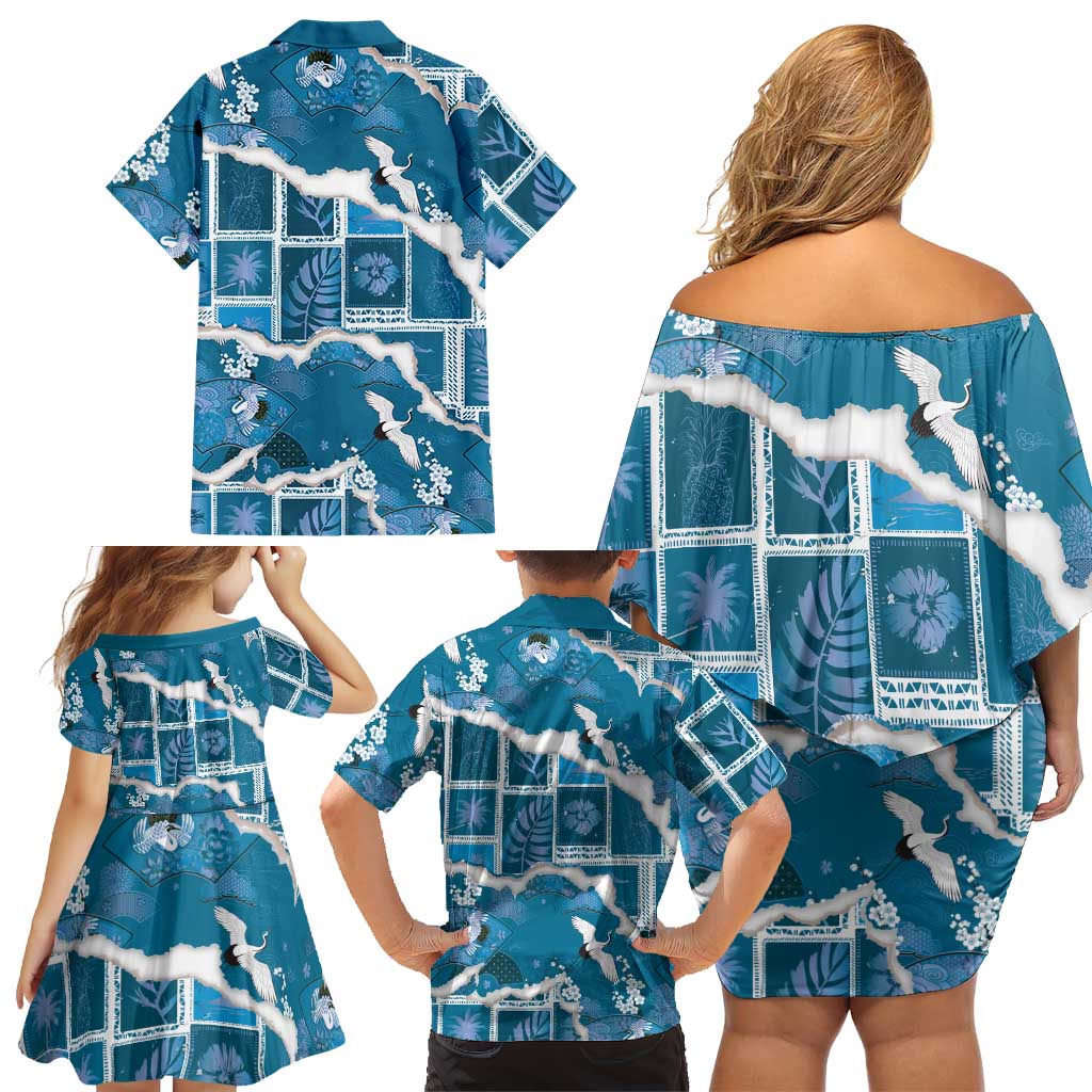 Hawaii Japanese Culture Blue Family Matching Off Shoulder Short Dress and Hawaiian Shirt Spring Cranes Aloha Pattern