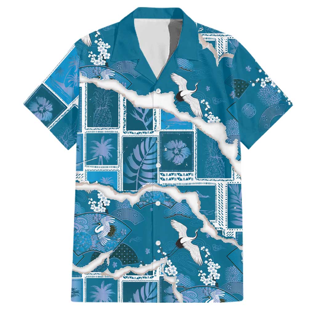 Hawaii Japanese Culture Blue Family Matching Off Shoulder Short Dress and Hawaiian Shirt Spring Cranes Aloha Pattern
