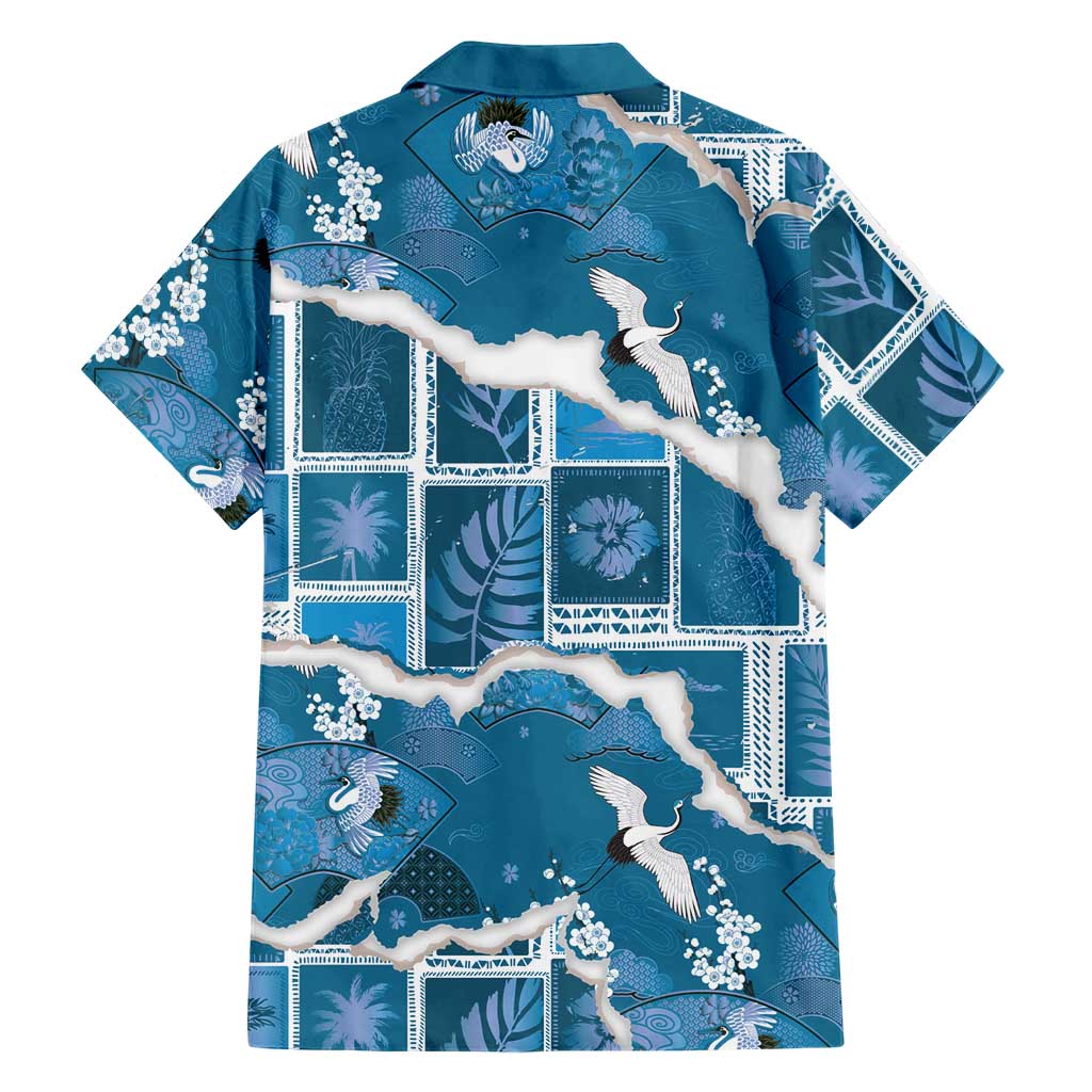 Hawaii Japanese Culture Blue Family Matching Off Shoulder Short Dress and Hawaiian Shirt Spring Cranes Aloha Pattern
