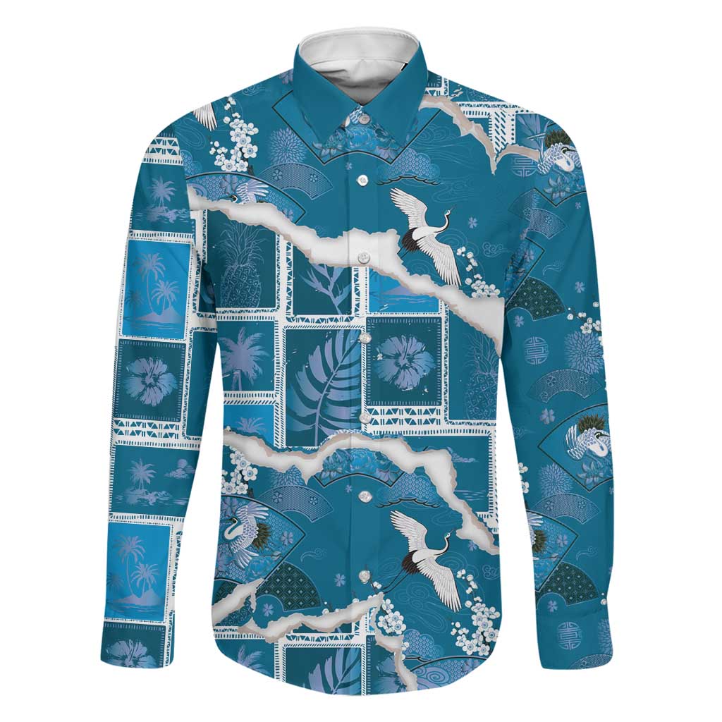 Hawaii Japanese Culture Blue Family Matching Off Shoulder Short Dress and Hawaiian Shirt Spring Cranes Aloha Pattern