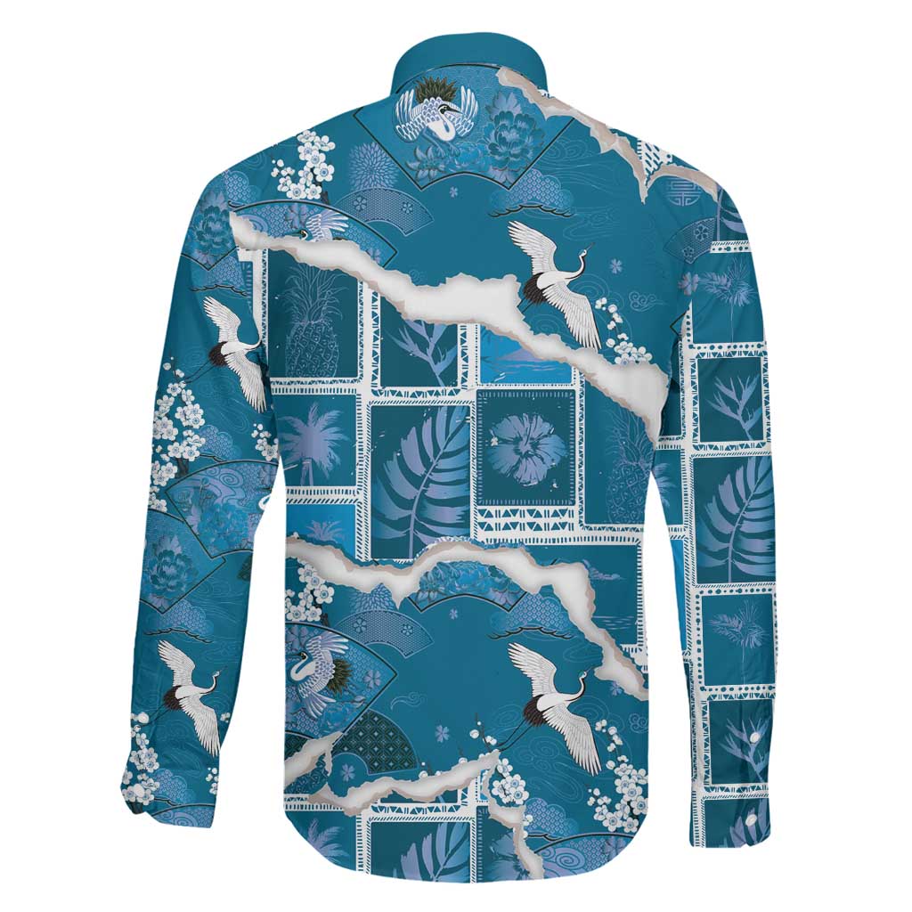 Hawaii Japanese Culture Blue Family Matching Off Shoulder Short Dress and Hawaiian Shirt Spring Cranes Aloha Pattern