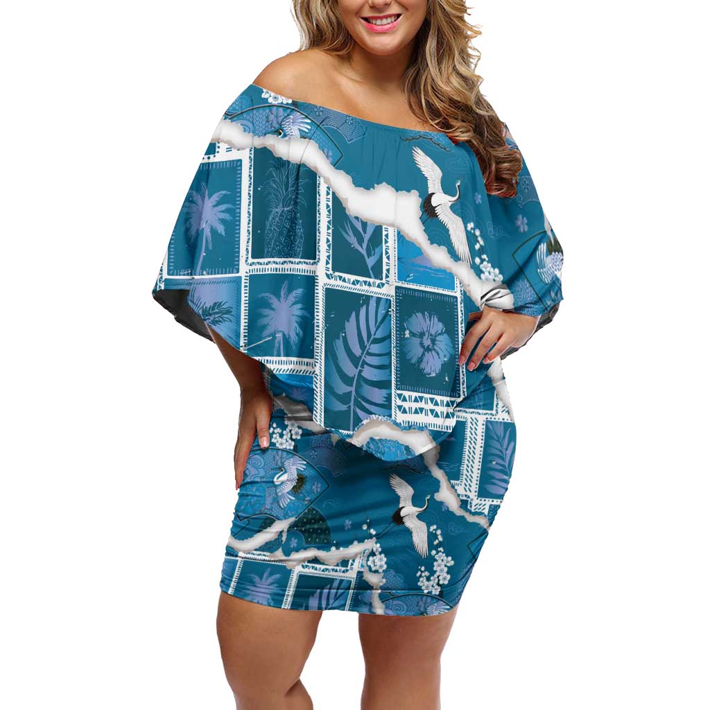 Hawaii Japanese Culture Blue Family Matching Off Shoulder Short Dress and Hawaiian Shirt Spring Cranes Aloha Pattern