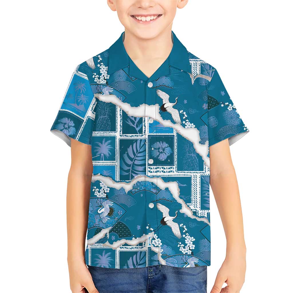 Hawaii Japanese Culture Blue Family Matching Off Shoulder Short Dress and Hawaiian Shirt Spring Cranes Aloha Pattern