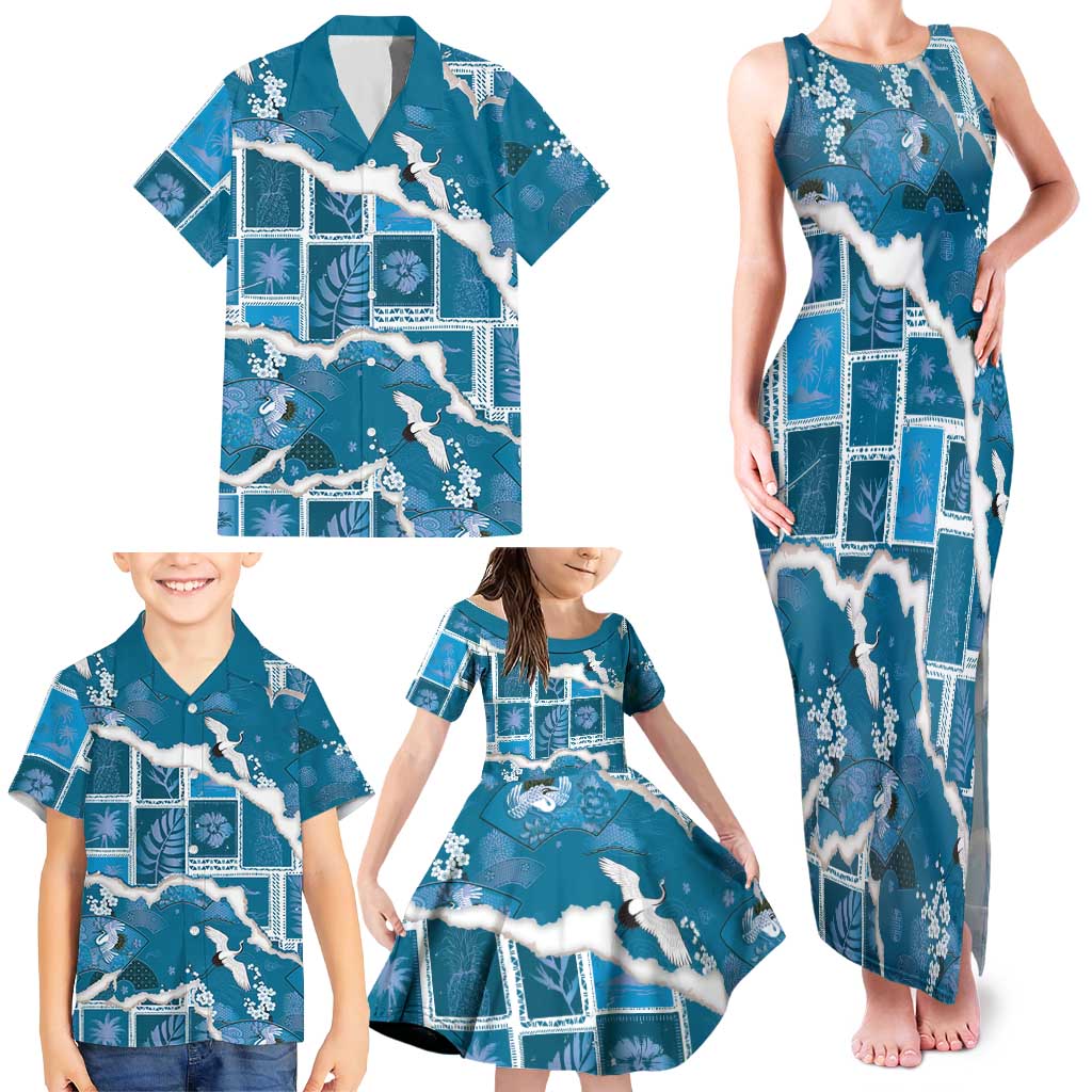 Hawaii Japanese Culture Blue Family Matching Tank Maxi Dress and Hawaiian Shirt Spring Cranes Aloha Pattern LT01 - Polynesian Pride