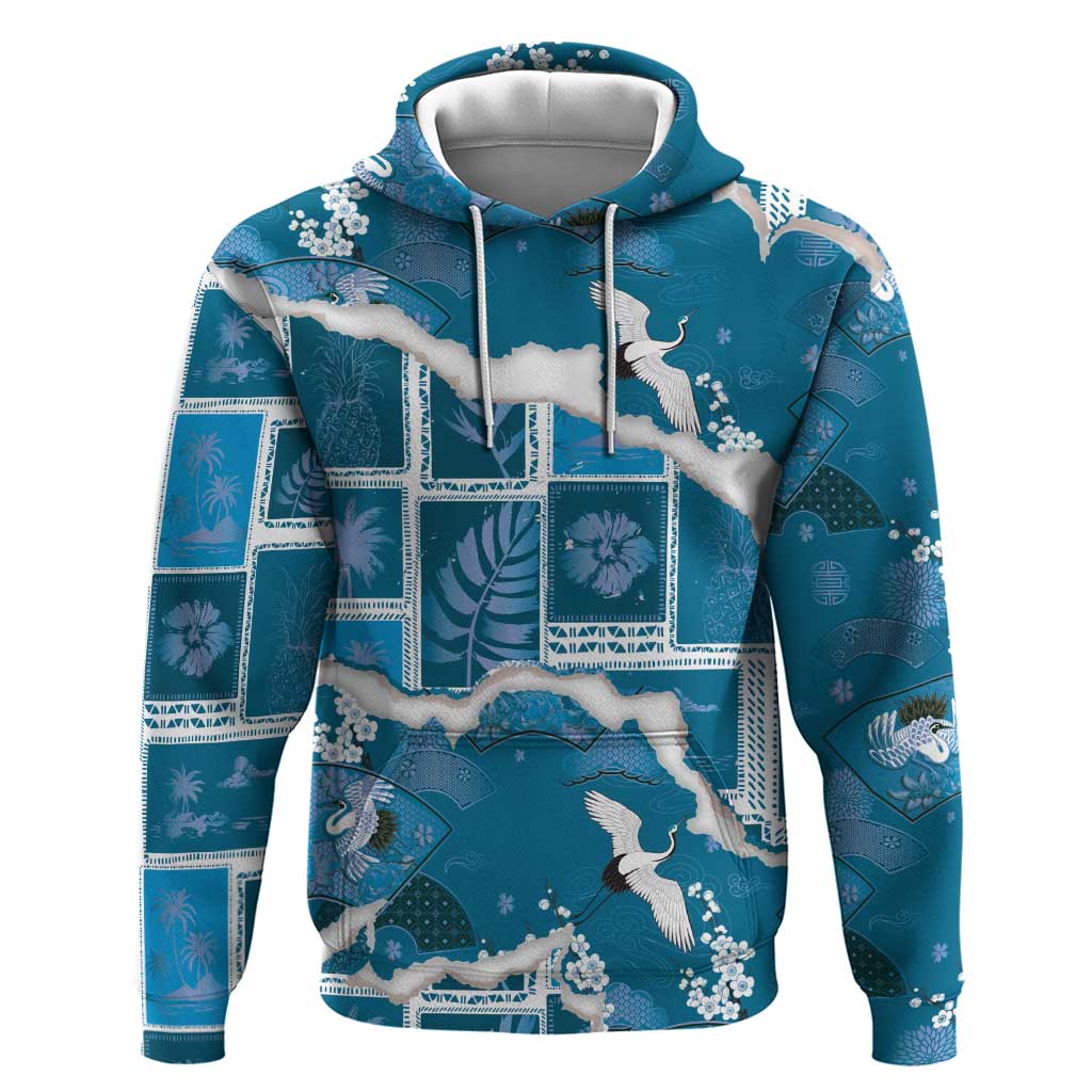 Hawaii Japanese Culture Blue Hoodie Spring Cranes Aloha Pattern LT01 Pullover Hoodie Blue - Polynesian Pride