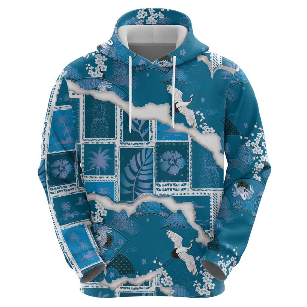 Hawaii Japanese Culture Blue Hoodie Spring Cranes Aloha Pattern LT01 - Polynesian Pride