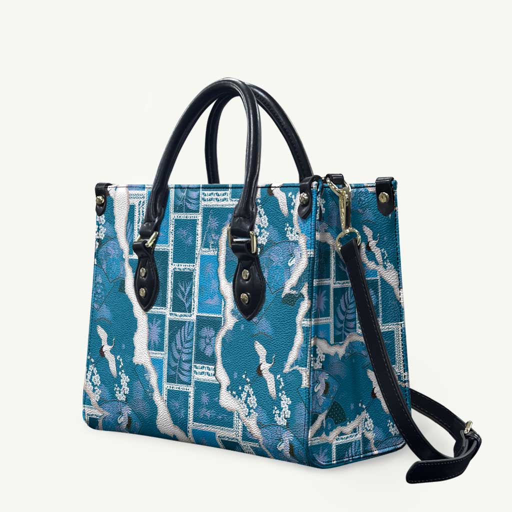 Hawaii Japanese Culture Blue Leather Bag Spring Cranes Aloha Pattern