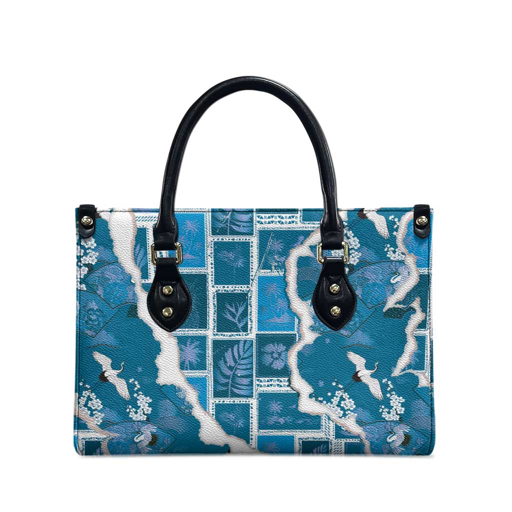 Hawaii Japanese Culture Blue Leather Bag Spring Cranes Aloha Pattern