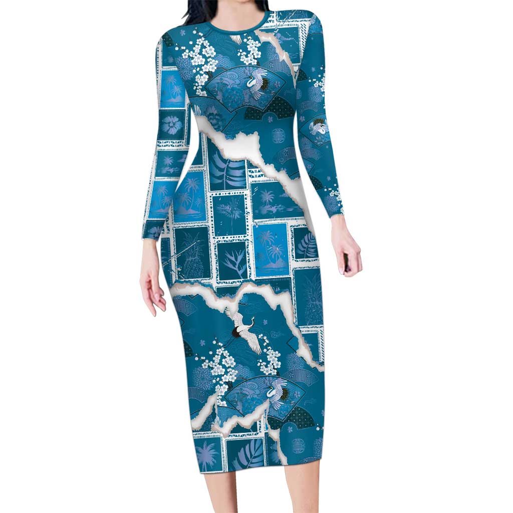 Hawaii Japanese Culture Blue Long Sleeve Bodycon Dress Spring Cranes Aloha Pattern LT01 Long Dress Blue - Polynesian Pride
