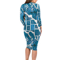 Hawaii Japanese Culture Blue Long Sleeve Bodycon Dress Spring Cranes Aloha Pattern LT01 - Polynesian Pride