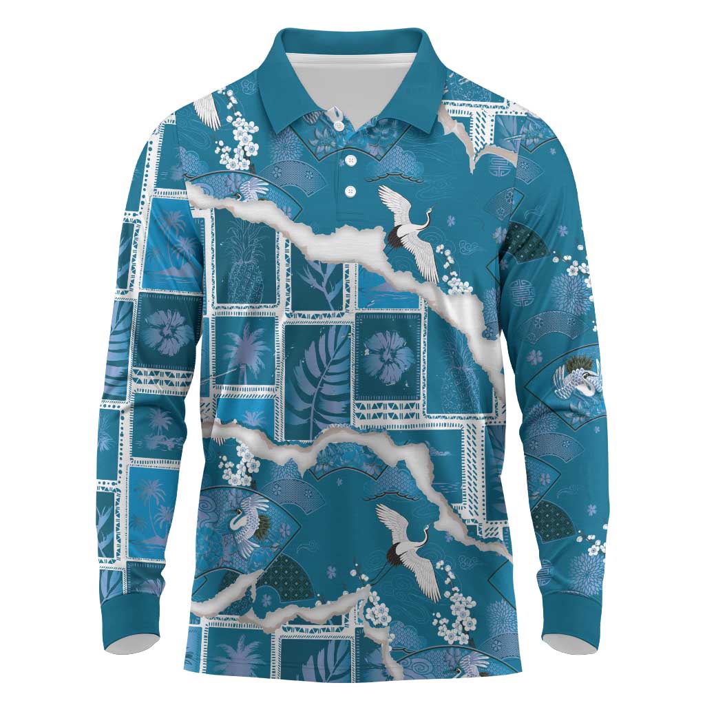 Hawaii Japanese Culture Blue Long Sleeve Polo Shirt Spring Cranes Aloha Pattern