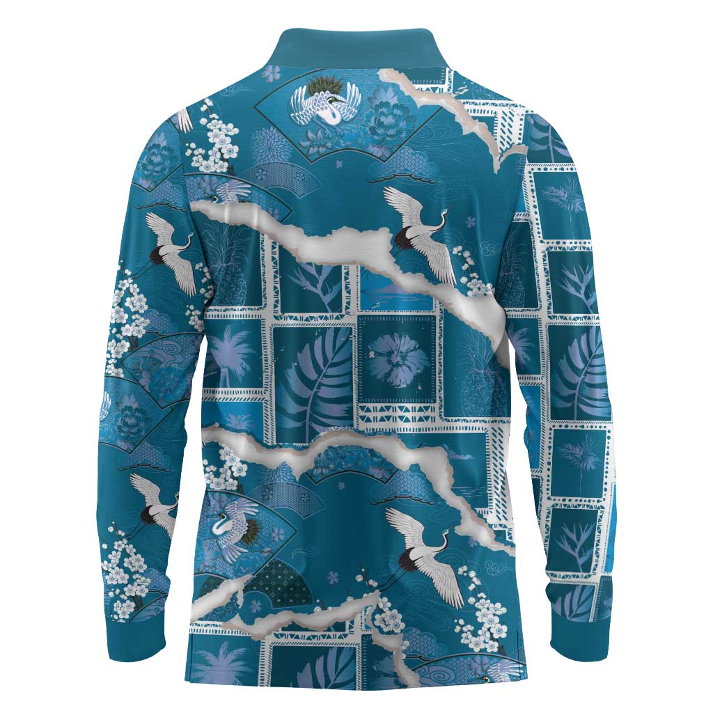 Hawaii Japanese Culture Blue Long Sleeve Polo Shirt Spring Cranes Aloha Pattern
