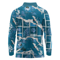 Hawaii Japanese Culture Blue Long Sleeve Polo Shirt Spring Cranes Aloha Pattern