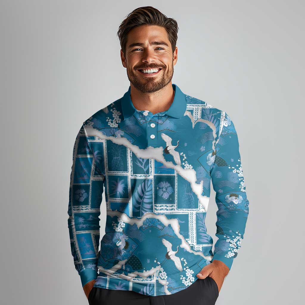 Hawaii Japanese Culture Blue Long Sleeve Polo Shirt Spring Cranes Aloha Pattern