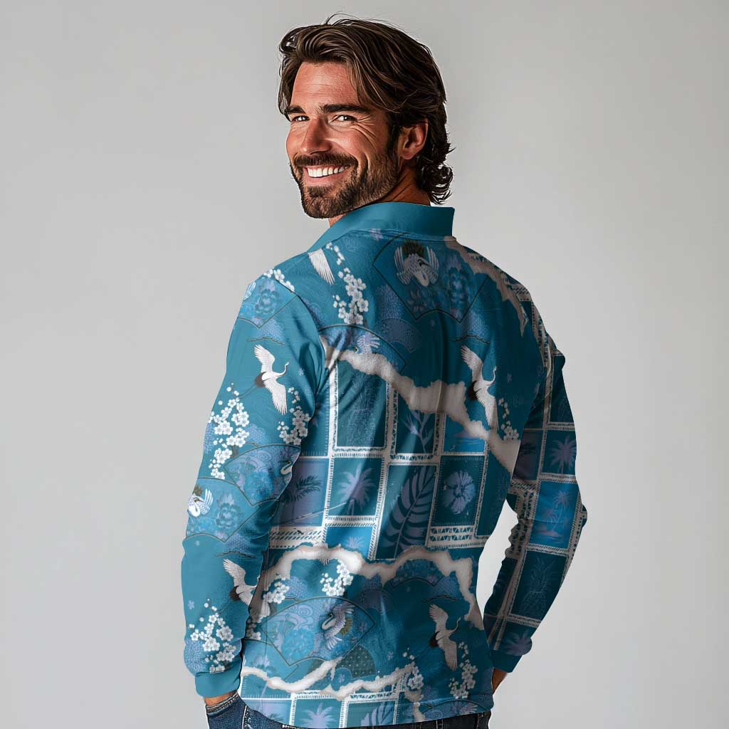 Hawaii Japanese Culture Blue Long Sleeve Polo Shirt Spring Cranes Aloha Pattern