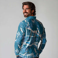 Hawaii Japanese Culture Blue Long Sleeve Polo Shirt Spring Cranes Aloha Pattern