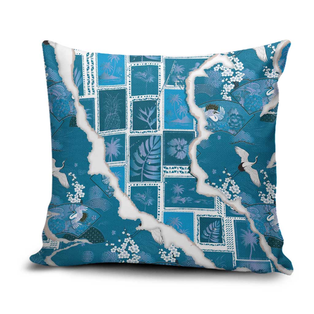 Hawaii Japanese Culture Blue Pillow Cover Spring Cranes Aloha Pattern