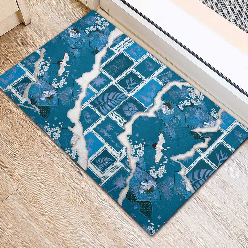 Hawaii Japanese Culture Blue Rubber Doormat Spring Cranes Aloha Pattern LT01 - Polynesian Pride