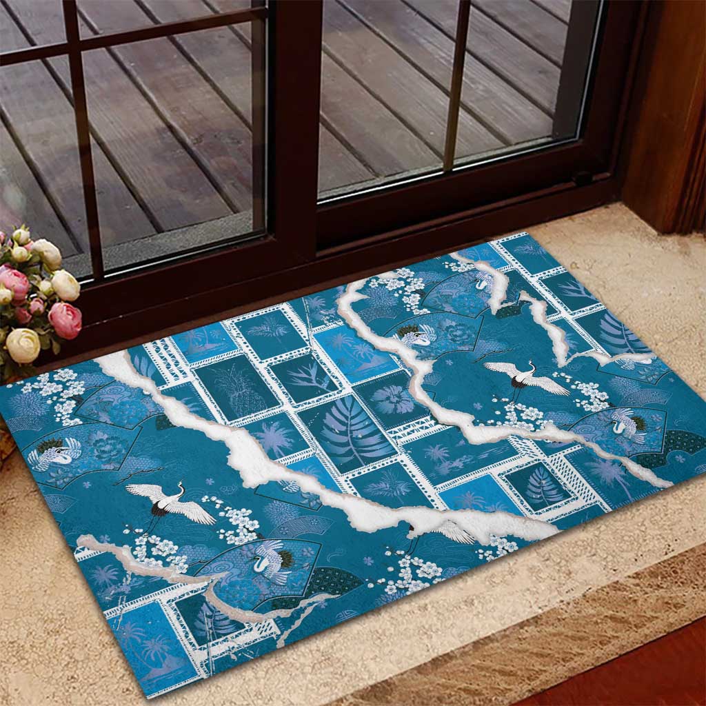 Hawaii Japanese Culture Blue Rubber Doormat Spring Cranes Aloha Pattern LT01 - Polynesian Pride