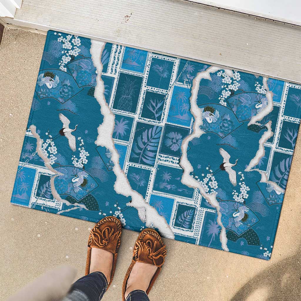 Hawaii Japanese Culture Blue Rubber Doormat Spring Cranes Aloha Pattern LT01 - Polynesian Pride