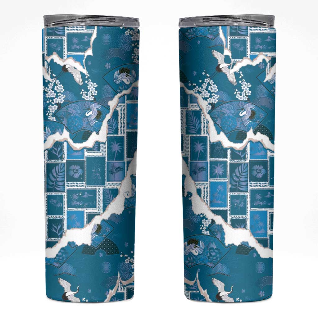 Hawaii Japanese Culture Blue Skinny Tumbler Spring Cranes Aloha Pattern