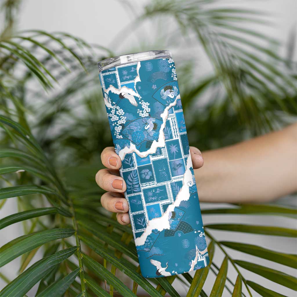 Hawaii Japanese Culture Blue Skinny Tumbler Spring Cranes Aloha Pattern