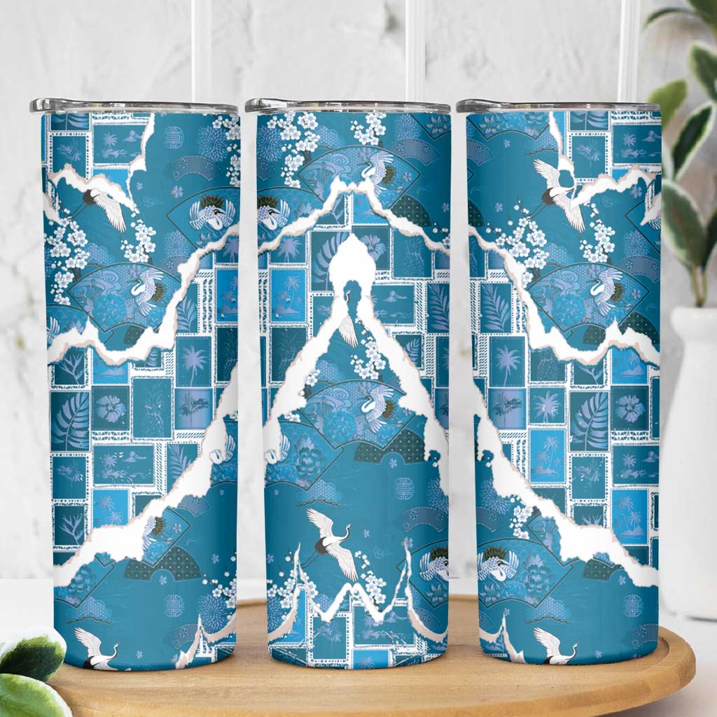 Hawaii Japanese Culture Blue Skinny Tumbler Spring Cranes Aloha Pattern