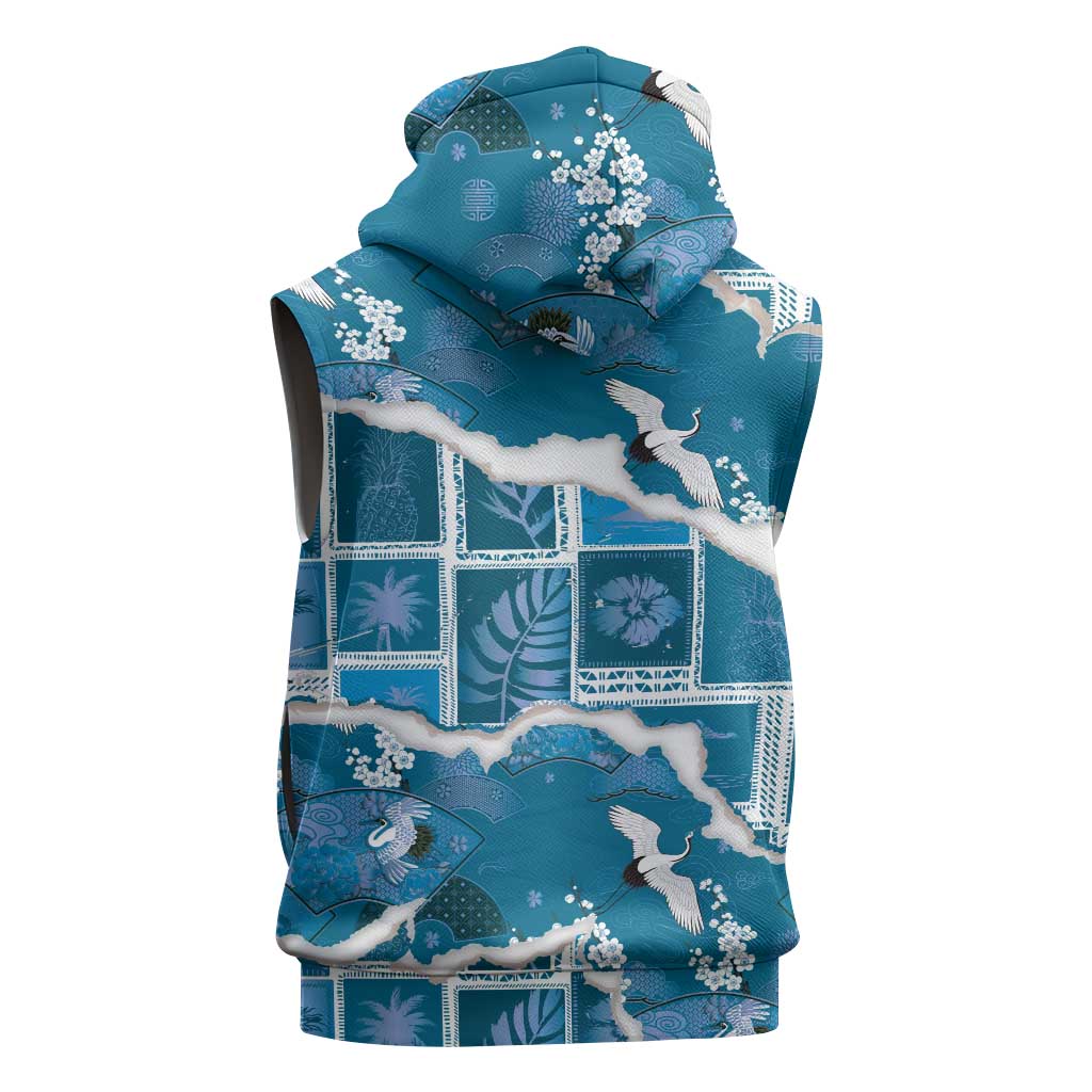 Hawaii Japanese Culture Blue Sleeveless Hoodie Spring Cranes Aloha Pattern LT01 - Polynesian Pride