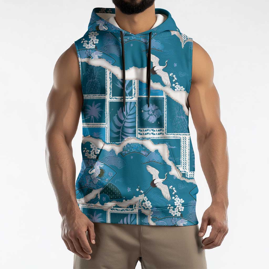 Hawaii Japanese Culture Blue Sleeveless Hoodie Spring Cranes Aloha Pattern LT01 - Polynesian Pride