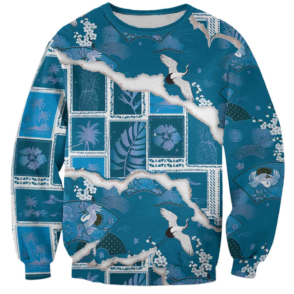 Hawaii Japanese Culture Blue Sweatshirt Spring Cranes Aloha Pattern
