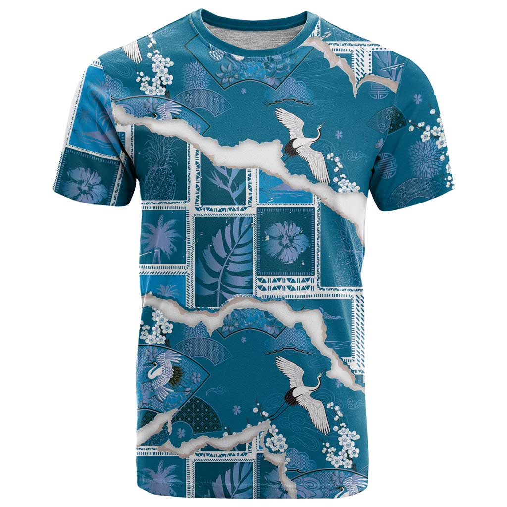 Hawaii Japanese Culture Blue T Shirt Spring Cranes Aloha Pattern